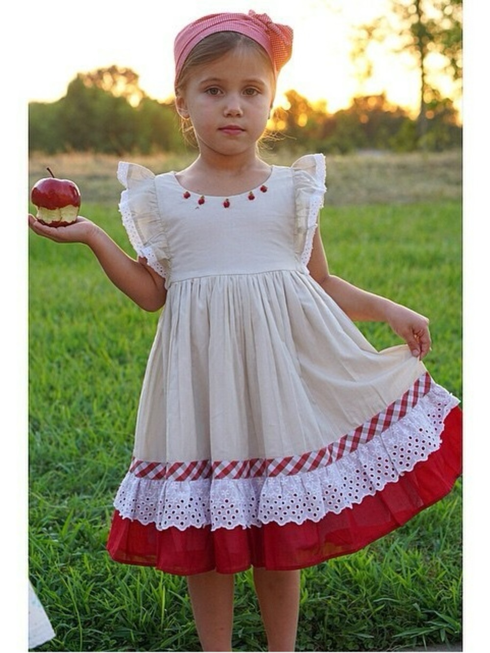Girls Cream Dress with Red Ruffle Hem and Gingham Trim